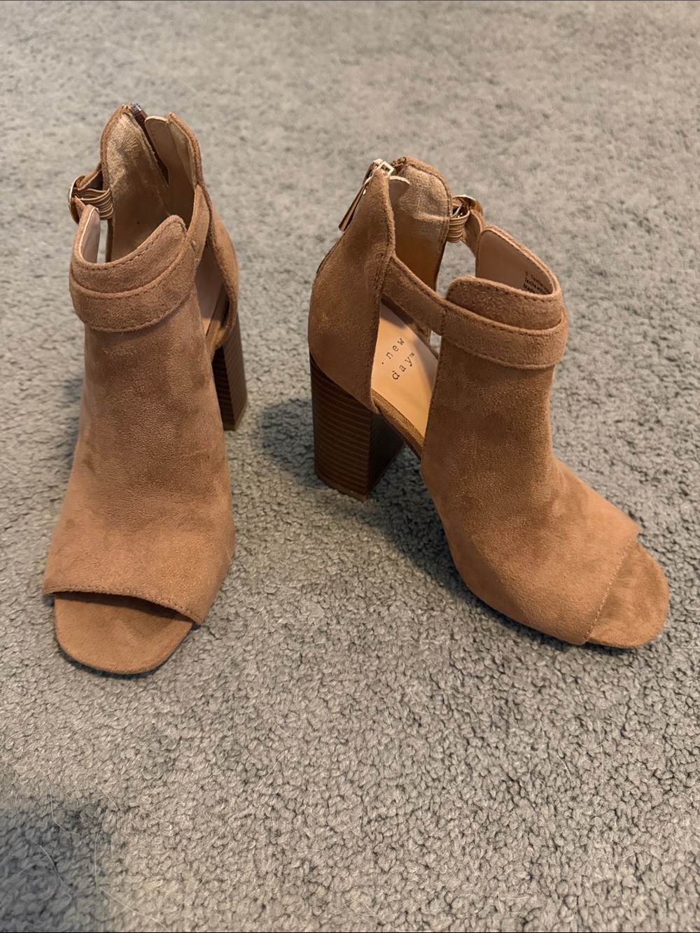 Suede Peep-Toe Block Heel Booties - Tan